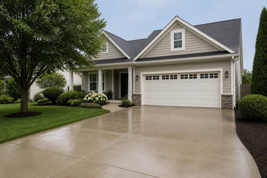 Freshly cleaned home exterior and driveway in natural daylight.